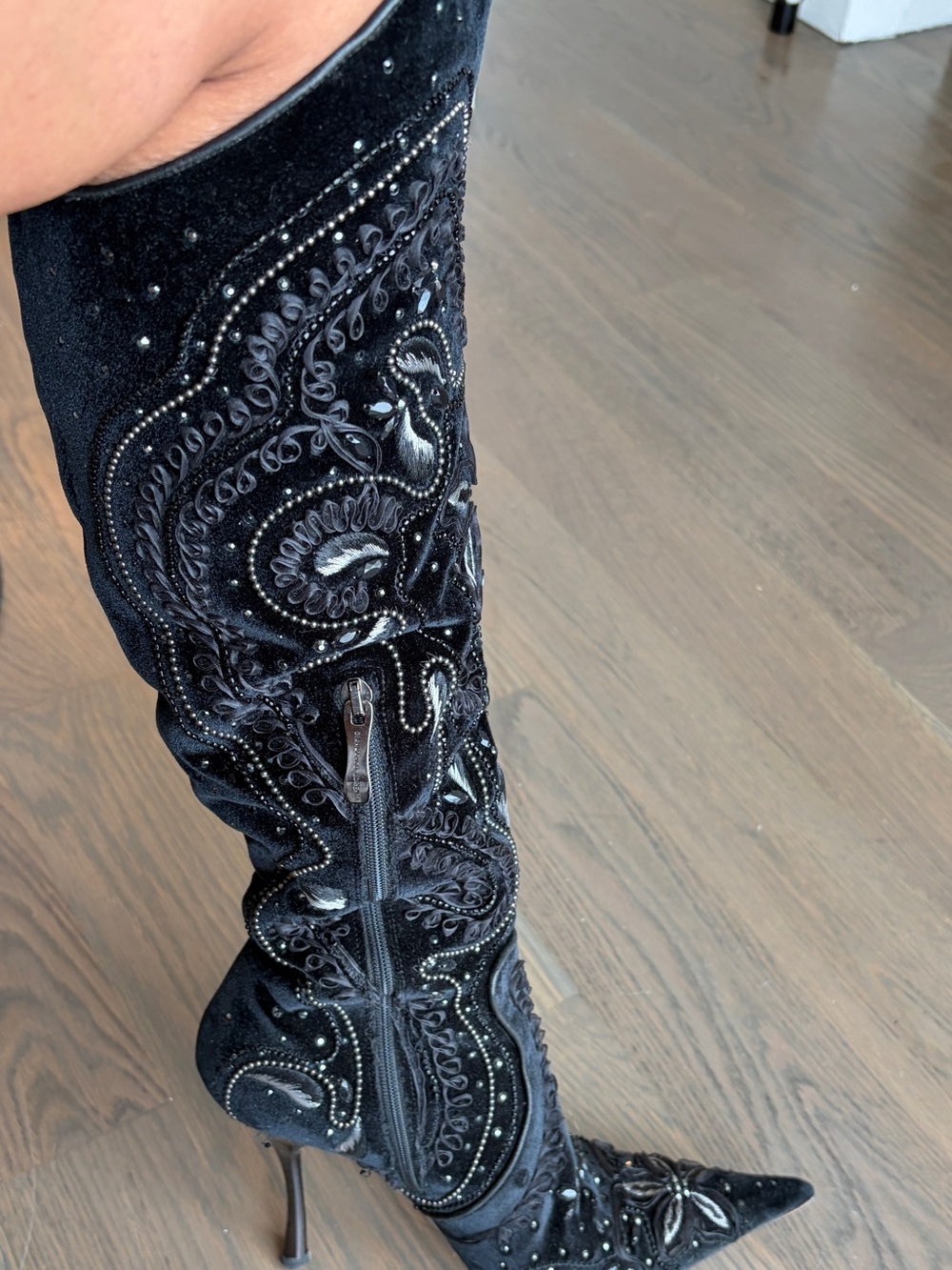 Gianmarco Lorenzi Black Embellished Over-the-Knee Stiletto Boots